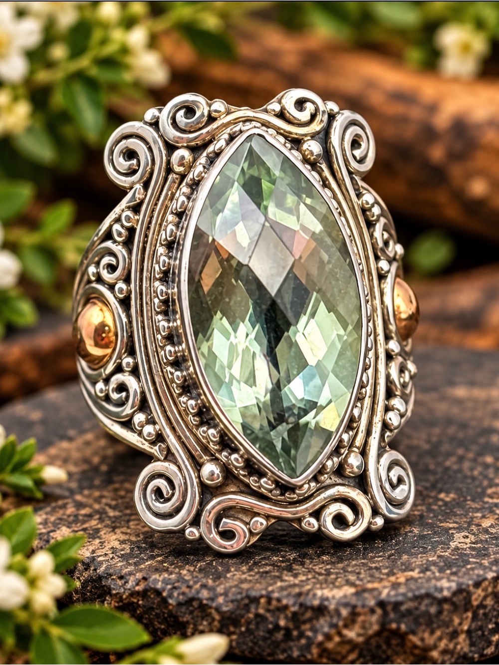 Sterling Silver and 18k Statement Ring - Elegant Green Gem